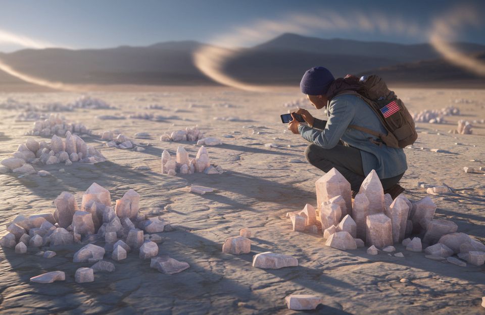 Wind and Desert Gypsum - Field geologist studying gypsum crystals moving across desert playa with wind vortices.