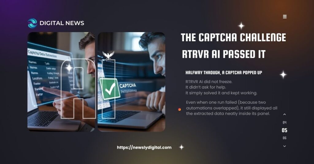 RTRVR AI solving CAPTCHA automatically and extracting startup data